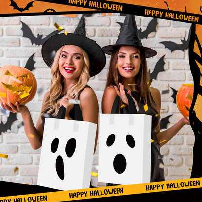 Gersoniel 100 Pieces Halloween Plastic Gift Bags with Handle Treat or Trick Ghost Tote Bags Candy Goodie Bag for Home Treat or Trick Halloween Party Favor Supplies Decoration