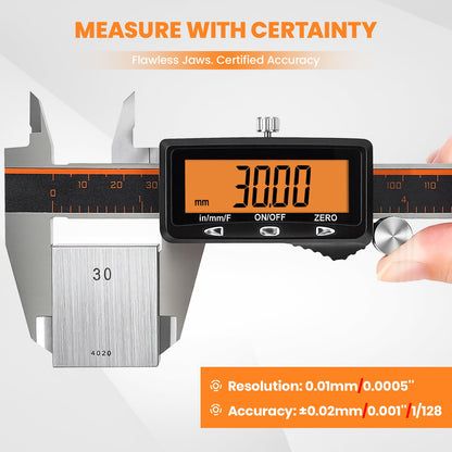 HARDELL Digital Caliper, Rechargeable Caliper Measuring Tool with Large Orange Screen, Stainless Steel Digital Micrometer with Auto-Off Feature -Inch/MM/Fraction for DIY/Household/3D-Printing