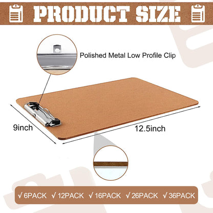 Clipboards, PANDRI 6 Pack Hardboard Office Clipboards, Low Profile Clip, Clip Boards 8.5x11 Standard Letter Size, Classroom Supplies, ECO Friendly