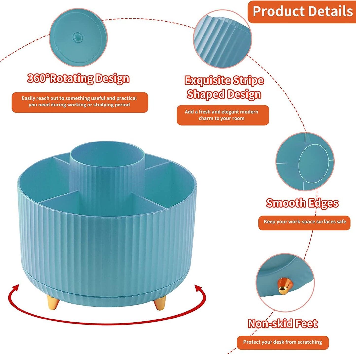 EDENMS Desk Pencil Pen Holder, 5 Slots 360°Degree Rotating Organizers for, Desktop Storage Stationery Supplies Organizer, Cute Cup Pot Office, School, Home, Art Supply, Blue
