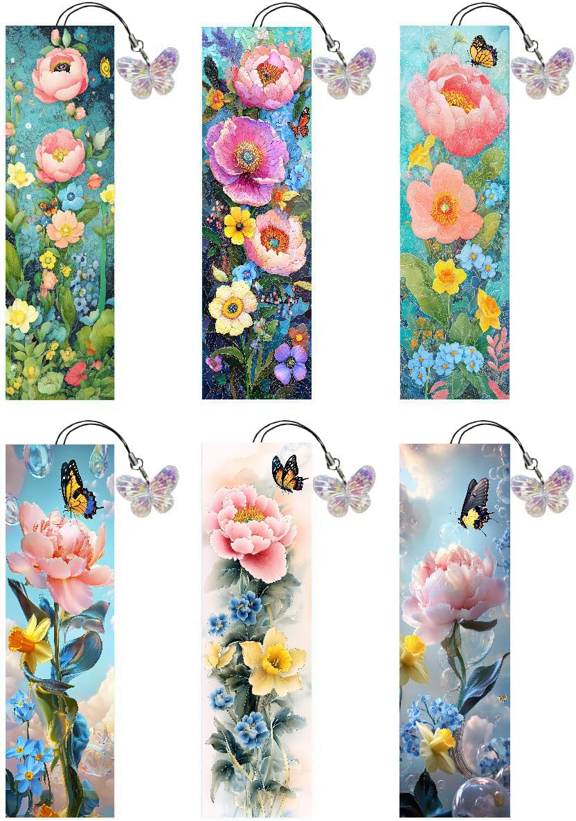 Puraikcmi 6 PCS 5D DIY Diamond Art Bookmarks,Butterflies and Flowers Diamond Painting Bookmarks Kits with Tassels Acrylic, Rhinestone Crafts Decoration Gift Set for Book Lovers Beginners & Adults