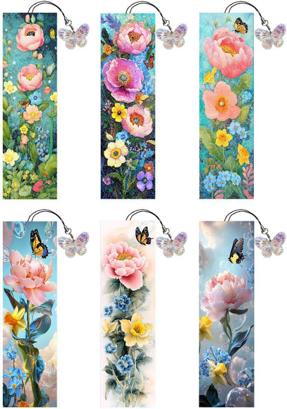 Puraikcmi 6 PCS 5D DIY Diamond Art Bookmarks,Butterflies and Flowers Diamond Painting Bookmarks Kits with Tassels Acrylic, Rhinestone Crafts Decoration Gift Set for Book Lovers Beginners & Adults