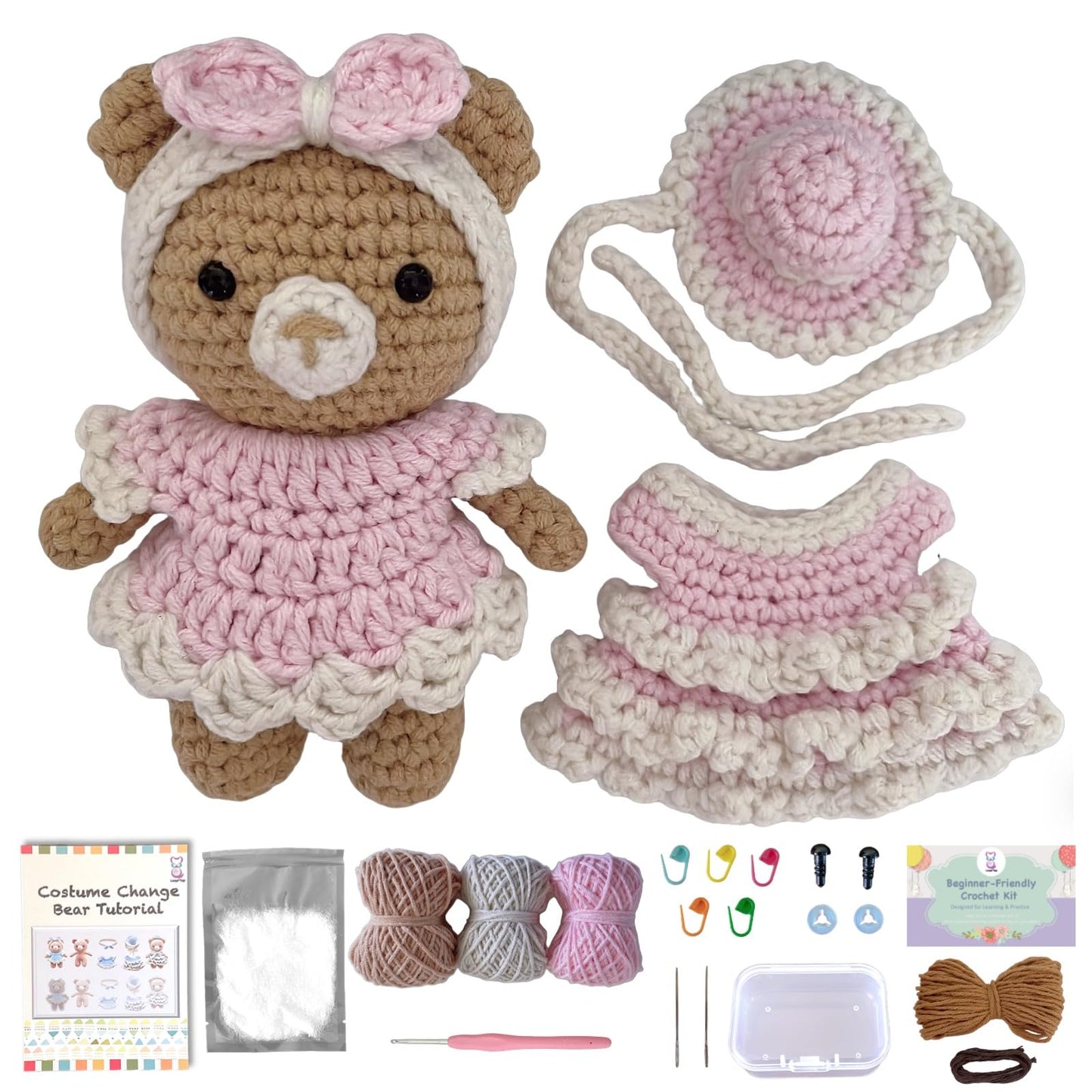 LoopMap Crochet Kit for Beginners – Amigurumi Crochet Animal Kit, Easy Starter Kit with Video Tutorial, Complete Crochet Kit with Extra Yarn, Gift for Adults & Teens (Bear, Pink)