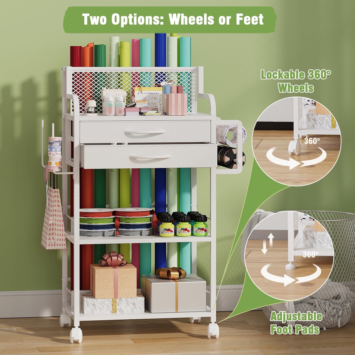 Rolling Craft Storage Cart with 2 Fabric Drawers & Lockable Wheels, Wrapping Paper & Gift Wrap Organizer with Ribbon & Tape Holder for Craft Supplies