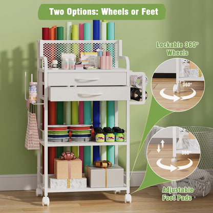 Rolling Craft Storage Cart with 2 Fabric Drawers & Lockable Wheels, Wrapping Paper & Gift Wrap Organizer with Ribbon & Tape Holder for Craft Supplies