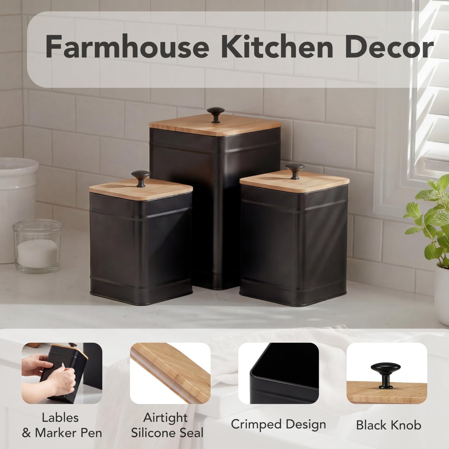 PERFNIQUE Kitchen Canisters for Countertop Set of 3, Airtight Canisters Sets for the Kitchen Counter with Lid, Metal Farmhouse Food Storage Containers Jars for Flour Sugar Coffee Tea Spice (Black)