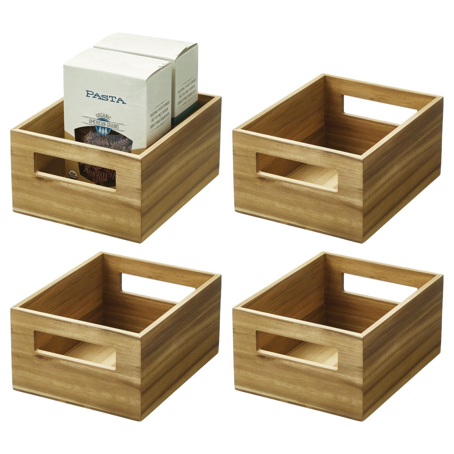 iDesign Acacia Wood Pantry Storage Bin with Handles - Set of 4