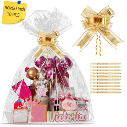 LEOSINDA 10 Pcs Extra Large Cellophane Bags 50x60 Inches for Gift Baskets, Clear Gift Basket Wrap with 10 Gold Ribbons, Food-Safe Plastic Packaging for Valentine's Day,Christmas,Weddings,Auctions