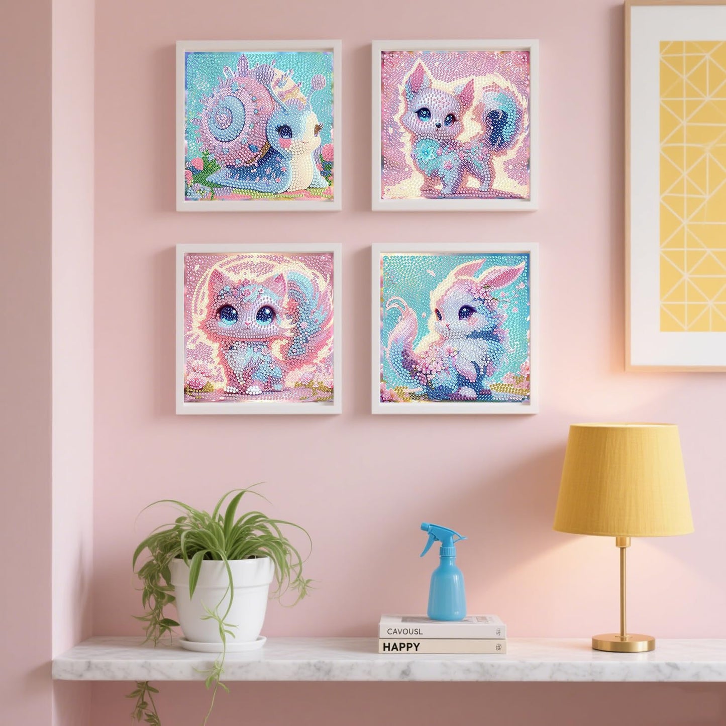 FlyingMage 5D Diamond Art Kits for Adults,Kawaii DIY Painting Art for Women, 4 Pack Cute Diamond Arts and Crafts Sets,Diamond Art Mosaic Kits,Big Gem Full Drill Diamond Dots, Fox Cat Rabbit Snail
