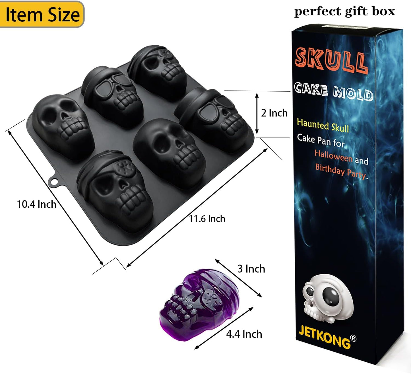 JETKONG Skull Cake Pan, Silicone Skull Cakelet Mold, Skull Pirate Cake Tin Baking Pan (Black)