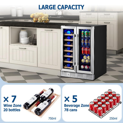 Kalamera Wine and Beverage Refrigerator, 24 inch Wine Fridge Dual Zone Hold 21 Bottles and 77 Cans,Built in or Under Counter Wine Fridge with Blue LED Light
