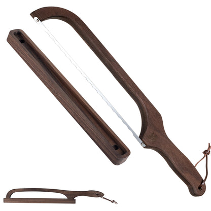 BreeziiDesign Bread Knife with Wooden Tray, 16.5" Serrated Sourdough Bread Knife, Premium Bow Bread Slicer for Homemade Bread, Bagels & Loaf, Stainless Steel Cutter (Black Walnut, Wide-Spacing)