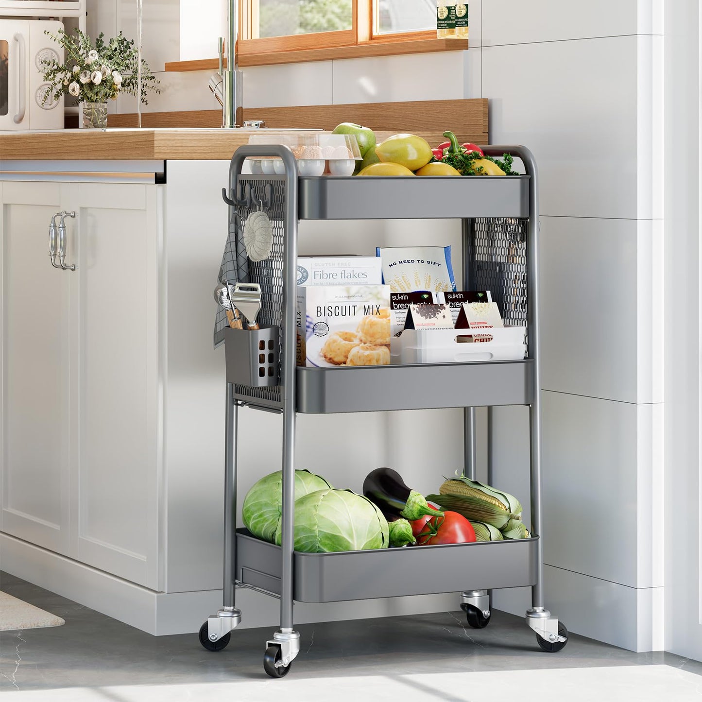 TOOLF 3 Tier Rolling Cart Storage Organizer, Metal Rolling Utility Cart with Wheels, Hooks & Bins Esthetician Craft Art Sturdy Storage with Pegboard for Bathroom, Kitchen, Office, Nursery Diaper