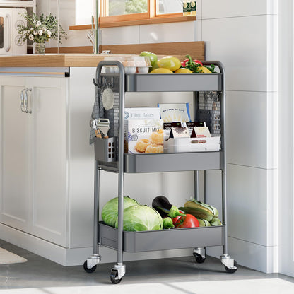 TOOLF 3 Tier Rolling Cart Storage Organizer, Metal Rolling Utility Cart with Wheels, Hooks & Bins Esthetician Craft Art Sturdy Storage with Pegboard for Bathroom, Kitchen, Office, Nursery Diaper