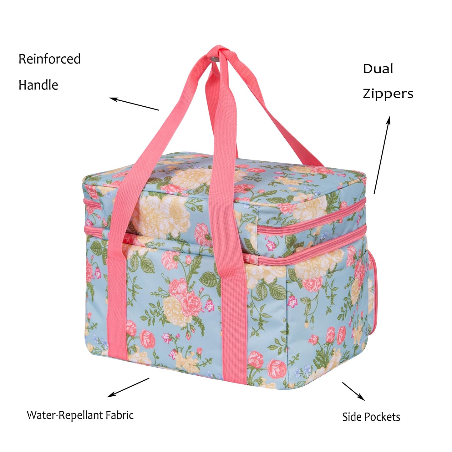 Remobia Hicol Sewing Accessories Organizer,Double Layer Sewing Storage Organizer Bag with 2 Detachable Pouches and 2 Pack Clear Plastic Organizer Box,Large Sewing Supplies (Rose Pattern)