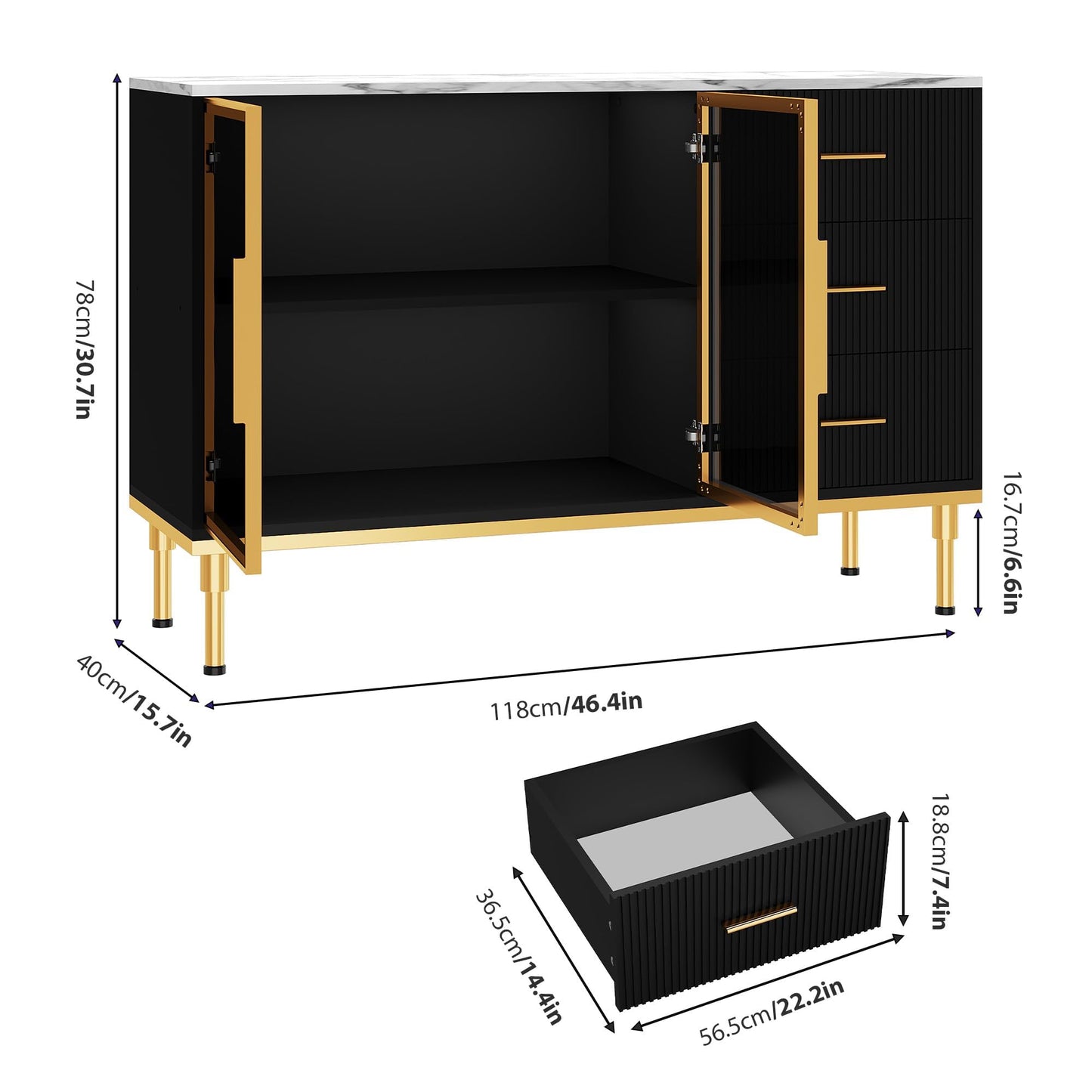GAOMON Buffet Sideboard Cabinet with Storage, 46.4" Large Fluted Kitchen Sideboard Cabinet with 2 Glass Doors 3 Drawers and Shelves, Faux Marble Top Buffet Table for Dining Room, Living Room, Black