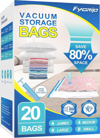 Fygrip Vacuum Storage Bags - Space-Saving Seal Bags with Hand Pump for Clothing & Travel | 20 Combo Set