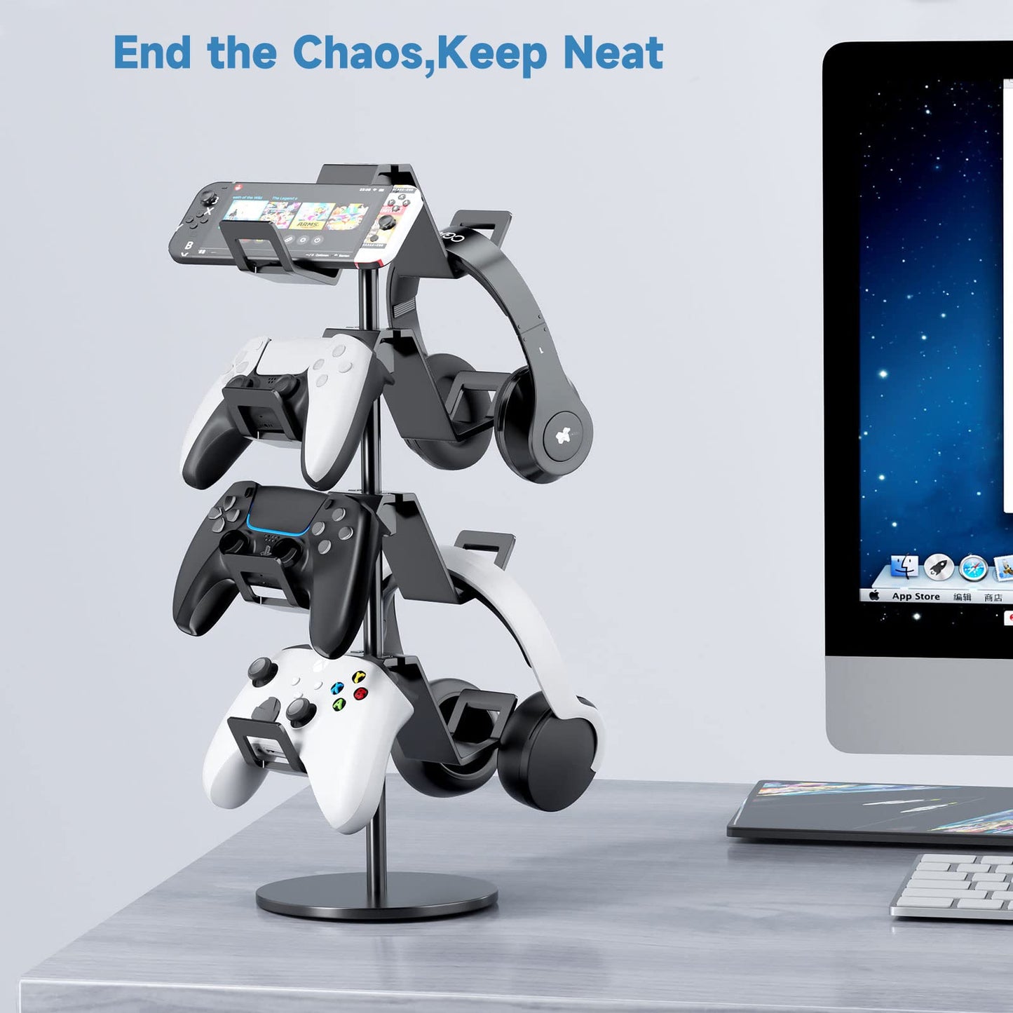 Karanava Controller Holder 4 Tier,Headphone Stand - Adjustable Headset Holder for Xbox PS5 PS4 Switch Pro - Gaming Storage for Universal Game Accessories,Desk/Floor(Black)