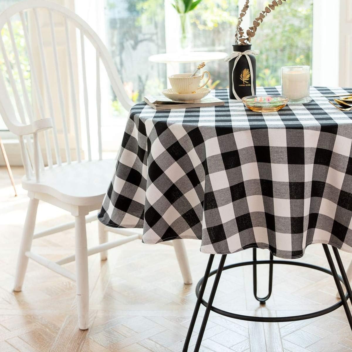Buffalo Plaid Round Tablecloth, Checkered Cotton Linen Table Cover for Kitchen Dining Room, 48 Inch