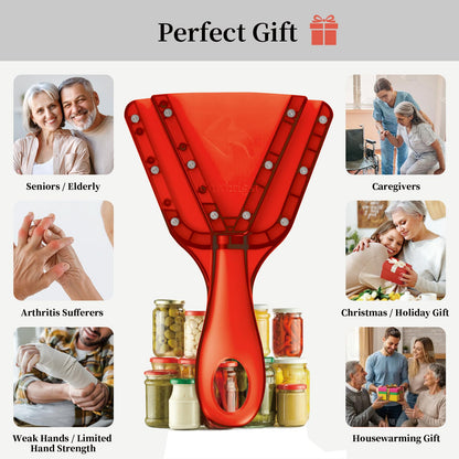 Jar Opener for Weak Hands & Seniors with Arthritis, Easy Twist-Off Lid & Bottle Opener, Ergonomic Handle with Stainless Steel Teeth, Practical Kitchen Gift for Elderly, Women & Men (0.2–5.3 in, Red)