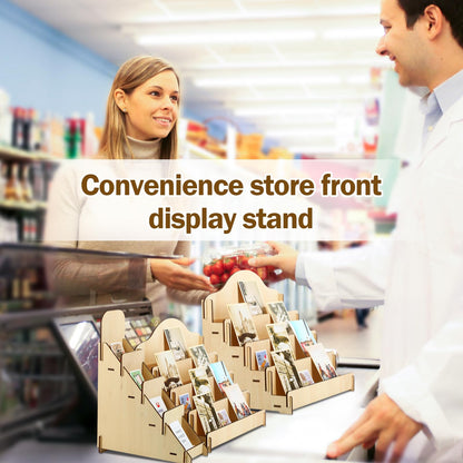 Wonderjune 3 Pcs 4 Tiered Greeting Card Display Stand Sticker Display Stand for Vendors Wooden Collector Card Rack Wood Holder for Postcard Photos Bookmark Trade Shows Retail Counter, 3 Sizes(Brown)