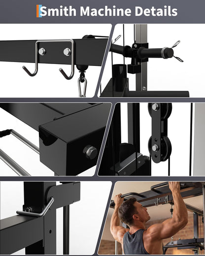 Garvee Smith Machine with Bench, Heavy Duty Power Cage Squat Rack with Smith Bar, LAT Pulldown System, Chest Station & More Training Attachment, Home Gym Equipment for Strengthen Training
