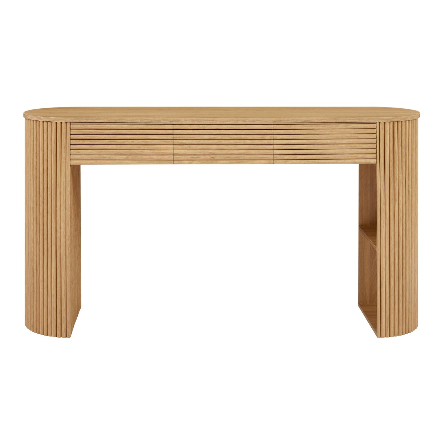 Christopher Knight Home Sara MDF Console Table With Storage, Narrow Entryway Table With 3 Drawers & Table-Leg Niche, Retro Couch Table, Round Slat Aesthetic Sofa Table For Living Room Hallway, Natural
