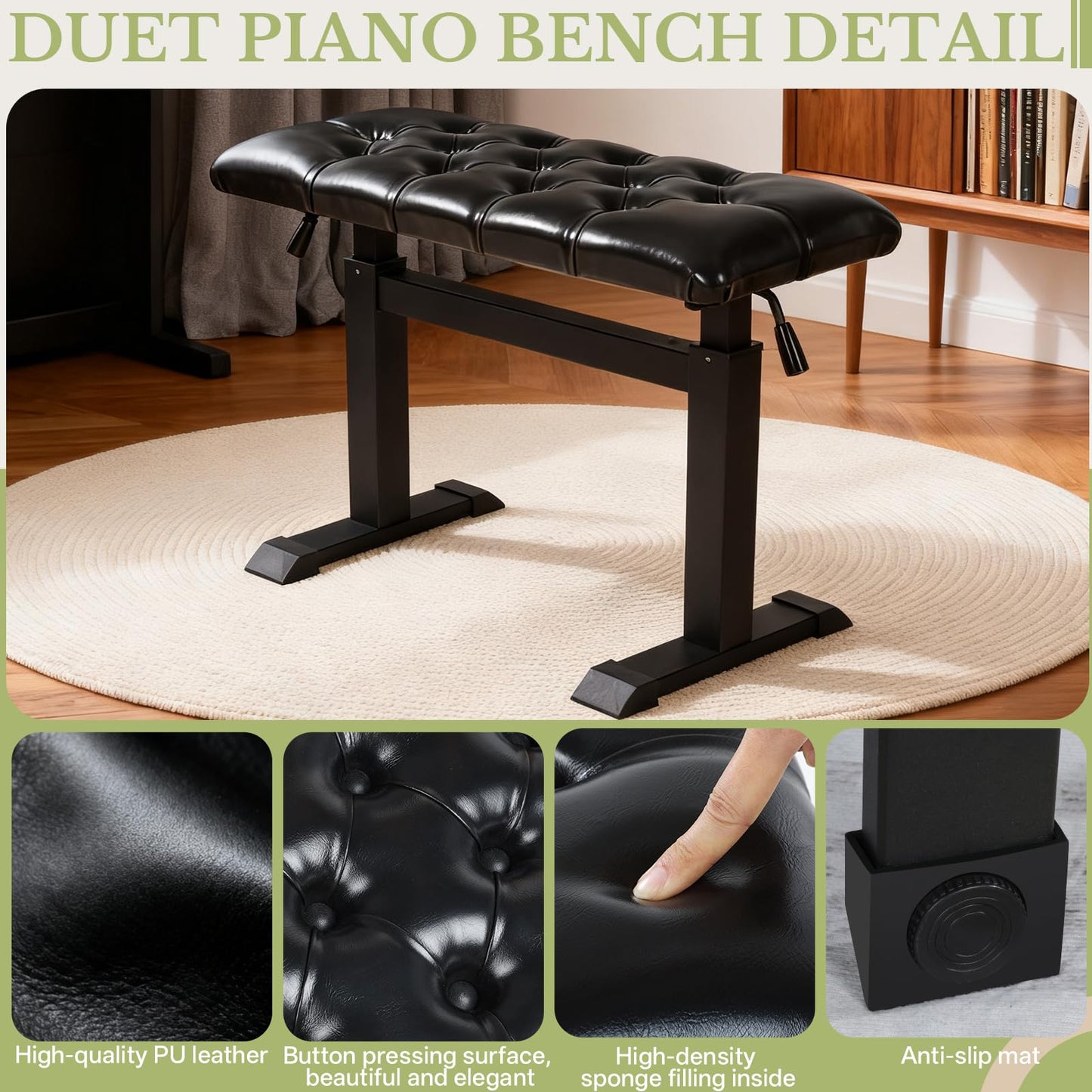 AKLOT Hydraulic Piano Bench, Keyboard Bench with Padded Cushion, Ajustable Duet Heavy Duty Piano Chair with 28" X 12.2" PU Leather, Piano Stool for Musicians