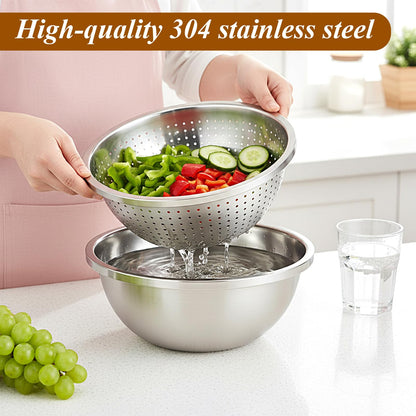 HANLANXUE 304 Stainless Steel Colander and Strainer, 5QT Large Capacity with Mixing Bowl, Micropore for Washing Rice, Vegetables, Fruit, Grain, Bean, and Draining Cooked Pasta, Dishwasher Safe