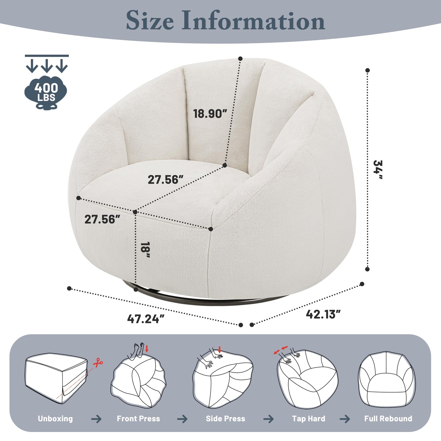 Gericco Swivel Giant Bean Bag Chair for Adults - Comfy Plush Round Shell Soft Accent Chair, Oversized Cozy Floor Sofa for Living Room, Bedroom & Game Rooms, Beige