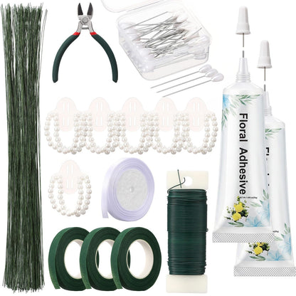 Poola Voidra Floral Arrangement Tools Floral Tape Wire Set Adhesive Glues Boutonniere Flower Pin Stem Cutter Elastic Pearl Wrist Corsage Band White Ribbon Kit for Wedding Corsage Supply Bouquet Craft