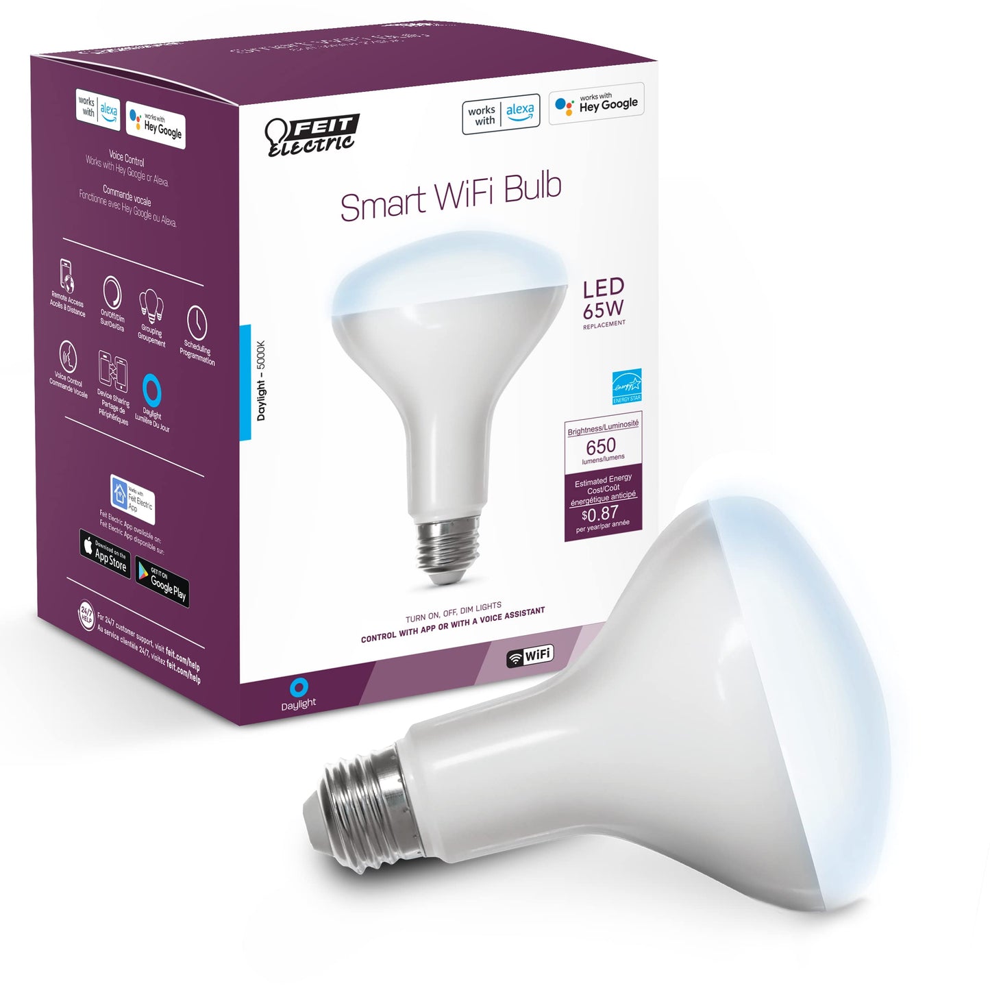 Feit Electric BR30 Smart Flood Light Bulb,2.4GHz WiFi Color Changing and Dimmable, No Hub, Works with Alexa or Google Assistant, BR30/RGBW/CA/AG, 65W, Multi-Color (RGBW), 1 Count (Pack of 1)