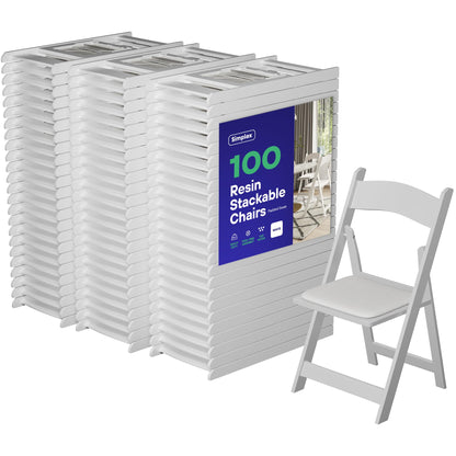 100 White Resin Folding Chairs, Stackable Event & Party Chairs, 800 LB Weight Capacity, Indoor Outdoor