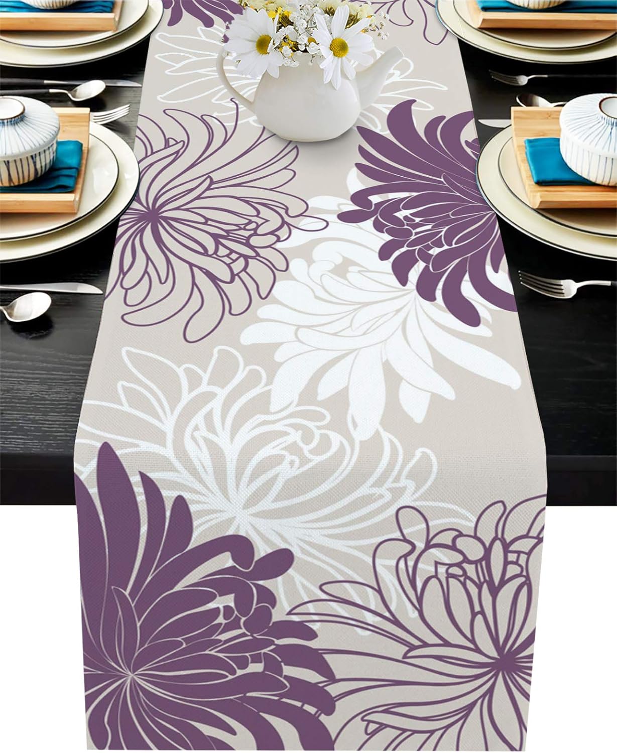 Table Runner, Chrysanthemum Flower Purple White Dresser Scarves for Holiday Dinner Parties, 13x120inch