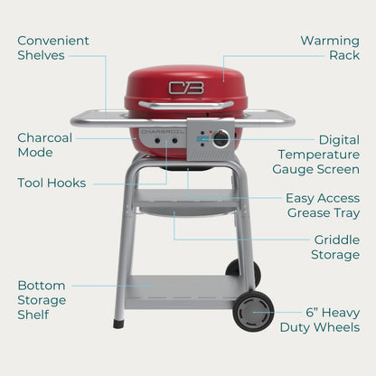 Charbroil 3-in-1 Dual Fuel Outdoor Bistro Pro Electric Grill & Griddle + Charcoal Mode BBQ, Red - 25302146