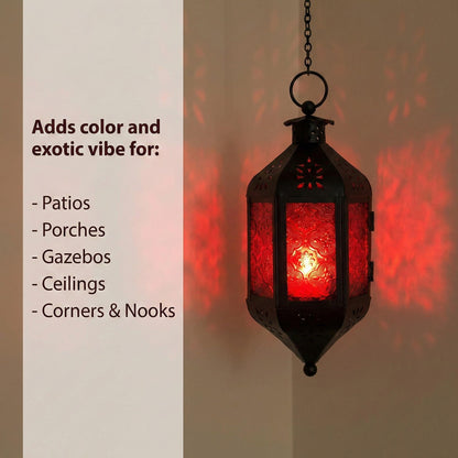 Vela Lanterns Hanging Moroccan Lamp - Exotic Decorative Patio & Porch Decor, Indoor Outdoor Tea Light Candle Lantern Holder with Chain (11" Medium, Red Glass, 2-Pack)