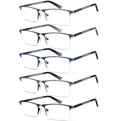 KONHAGO Blue Light Blocking Reading Glasses for Men, Half Frame Metal Readers Spring Hinge Eyeglasses Anti Eyestrain/Glare/UV