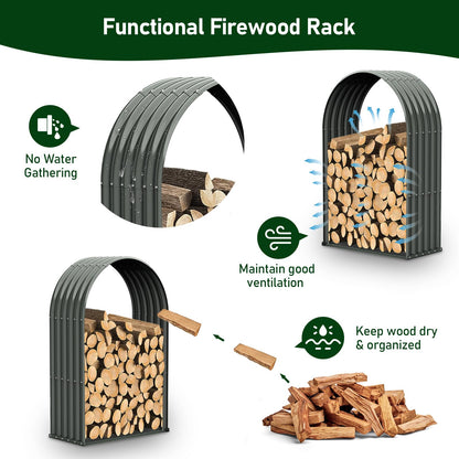 A ANLEOLIFE 2-Set Galvanized Steel Firewood Storage Rack with Weatherproof Corrugated Roof, Heavy Duty Outdoor Log Holder for Patio Porch Fire Pit, Arch Gray