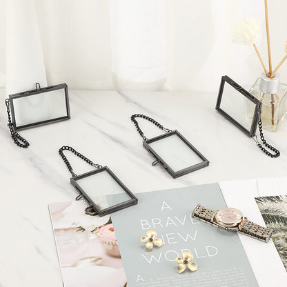 JUXYES Set of 4 Mini Wall Hanging Brass Frame for Pressed Flowers, Glass Hanging Picture Artwork Display Frames, Double Glass Floating Style Gallery Wall Frame for Picture, Pressed Flower, Poster, etc