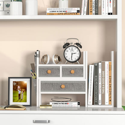 X-cosrack Adjustable Desk Shelves for Storage, Desktop Bookshelf with 3 Drawers, White Wood Desk Shelf for Top of Desk, Corner Desktop Organizer for Women Office
