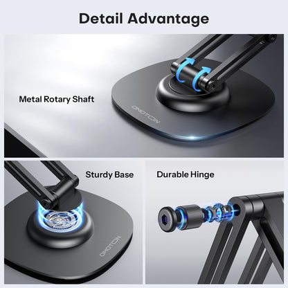 OMOTON 360°Rotating Magnetic Phone Stand for Desk, Adjustable Foldable Aluminum for MagSafe Cell Phone Stand Holder with Non-Slip Base, for iPhone 17/16/15/14 Pro Max Air/MagSafe Case- Black