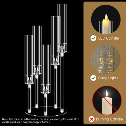 Cheloment 4 Sets 5 Arms Acrylic Candelabra Centerpieces for Tables, 22.8" Clear Candle Holder for Wedding Dinner Party and Home Decor,Candlesticks Holder with LED Candles