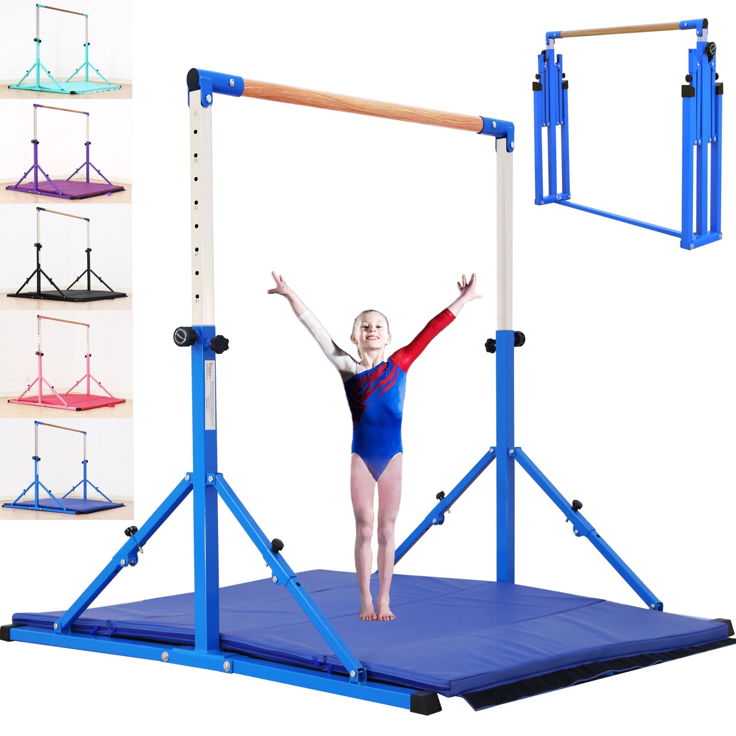 Marfual 5 Ft Fold Gymnastic Bar with Mat Kip Bar with Mat with Professional 4 Ft Width for Kids and Girl and Teenage Home and Club Use