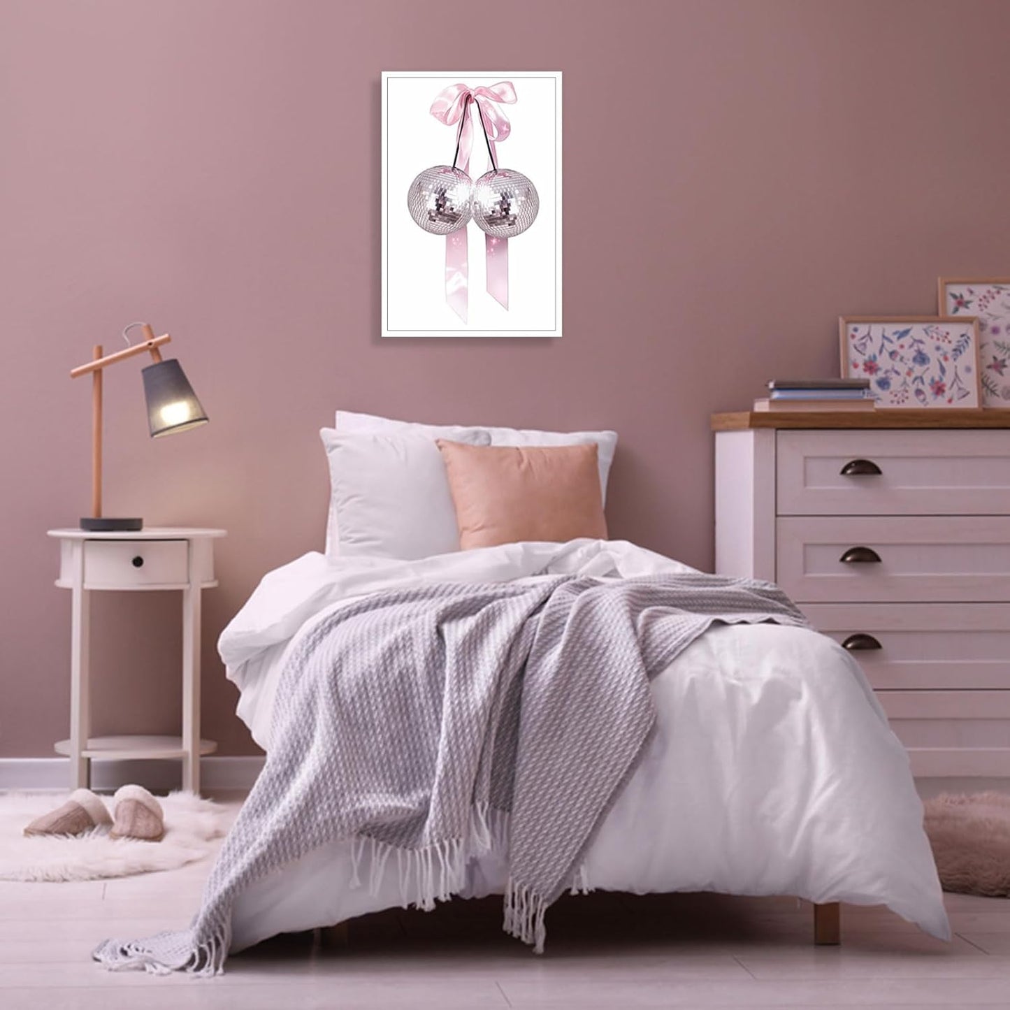 Generic 12x18in Trendy Pink Bow Disco Ball Posters White Cherry Canvas Wall Art Funky Coquette Bow Ribbon Preppy