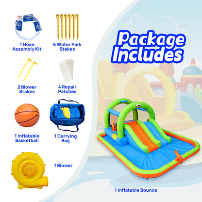 WELLFUNTIME Inflatable 2-in-1 Water Slide Bouncy Castle with Blower, Jumping House with Double Slide & Basketball Ring for Kids, Jumping Area for 3 Kids