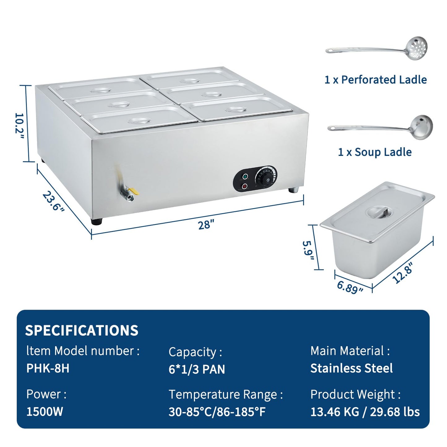 6-Pan Commercial Food Warmer, Portable Stainless Steel Countertop Buffet Server with Adjustable Temperature for Parties, Catering, and Home Gatherings