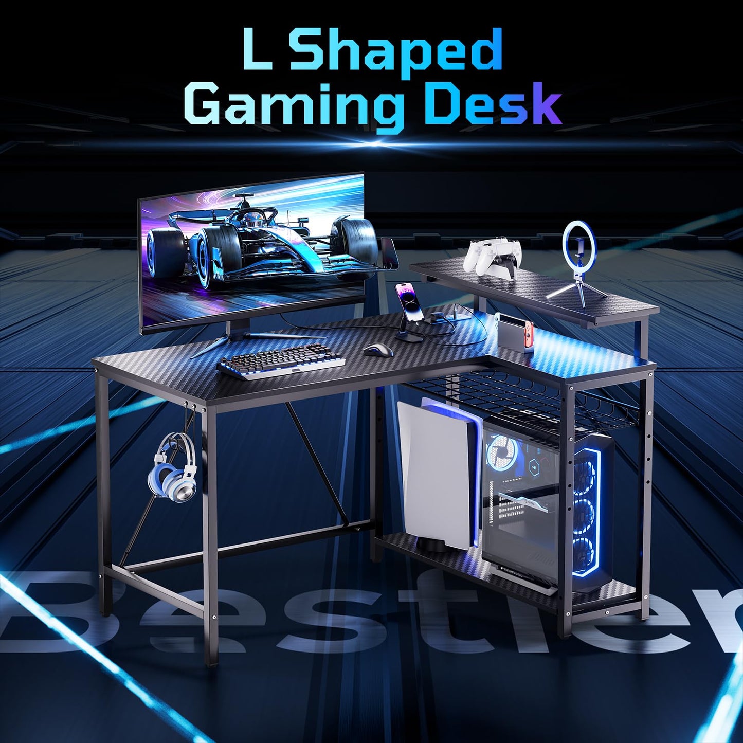 Bestier Gaming Desk with Power Outlets, 42" L-Shaped Computer Desk with LED Lights, Desk with Reversible Storage Shelves & Hooks for Small Spaces, Bedrooms & Offices, Black Carbon Fiber