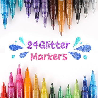 Grabie Glitter Markers, 24 Pack Extra Fine Tip Acrylic Paint Markers, Quick-Drying Water-Based Metallic Glitter Pens for Paper,Card Making, Canvas, Fabric, DIY Craft Supplies for Adult & Kids