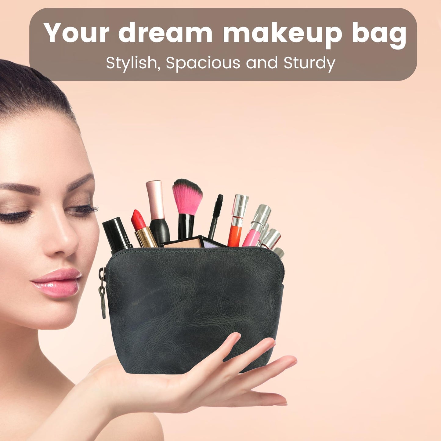 TheAntiq Full Grain Leather Cosmetic Bag – Zippered Makeup Pouch for Women, Small Travel Toiletry & Organizer Pouch for Purse, Premium Handmade Leather (5 × 4 × 2.5 in)