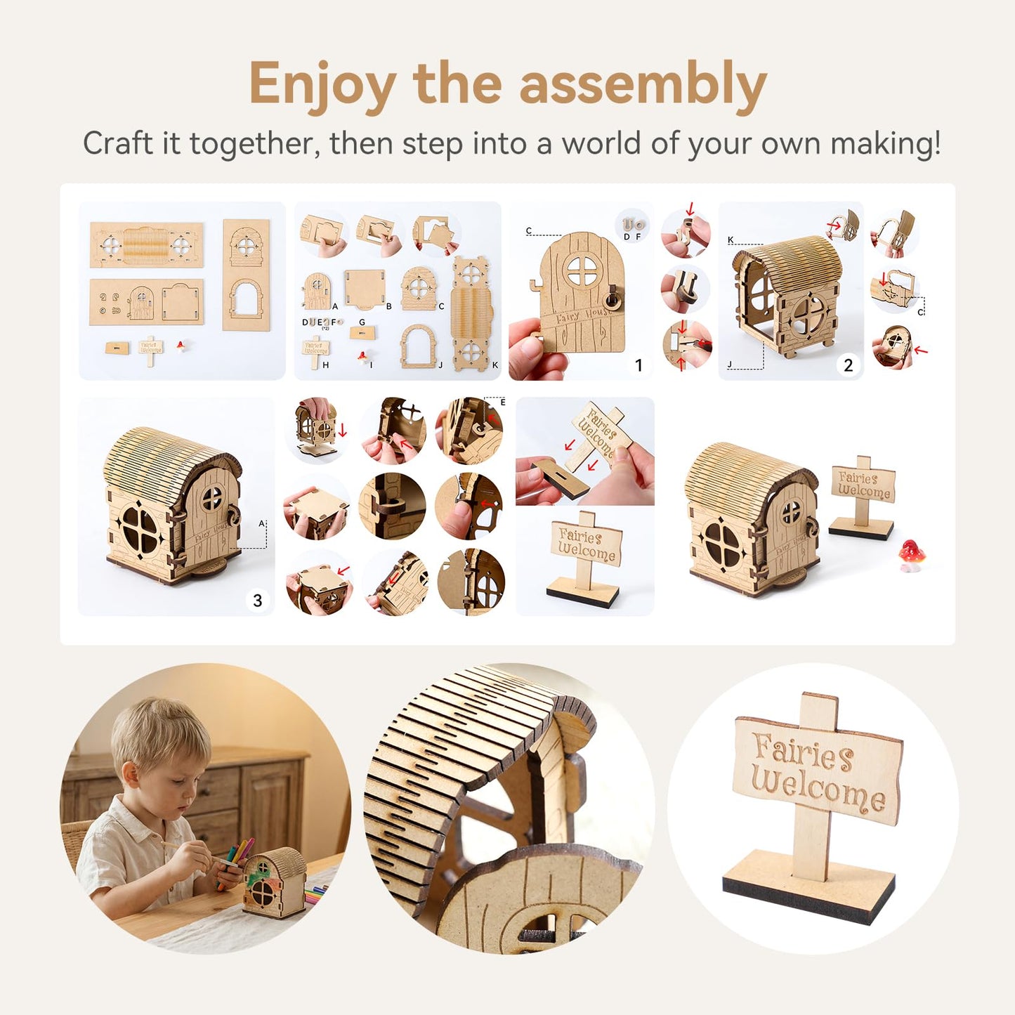 Mamimami Home Tiny Fairy House with Doorplate, DIY Mini Wooden Garden Plant Treehouse, Magical Fairy Doors Handmade Christmas Decorations Gifts